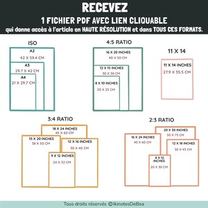 Texte avec des informations sur les différentes tailles disponibles. Les formats sont représentés par des dessins de cadres avec des mesures.
