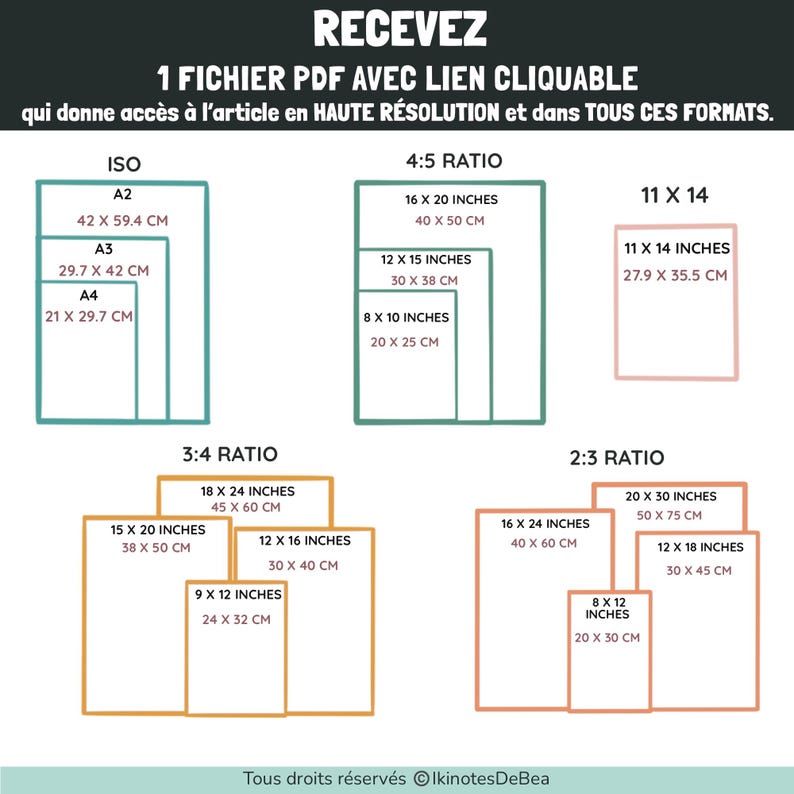 Texte avec des informations sur les différentes tailles disponibles. Les formats sont représentés par des dessins de cadres avec des mesures.