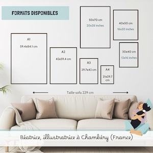 Image informative sur les formats d’impression : A1, A2, A3, A4, 30x40 cm,40x50cm, 50x70 cm. Livraison offerte en France. Logo visible : femme assise en tailleur tenant un gros pinceau, symbole artistique et créatif de la marque.