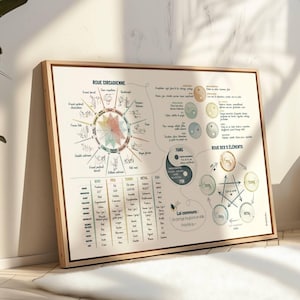 Peut inclure: Un poster encadré dans un cadre en bois clair. Le poster présente un diagramme circulaire avec du texte en français, dont les mots "ROUE CIRCADIENNE" et "ROUE DES 5 ÉLÉMENTS". Le diagramme comprend des illustrations et un symbole Yin Yang.