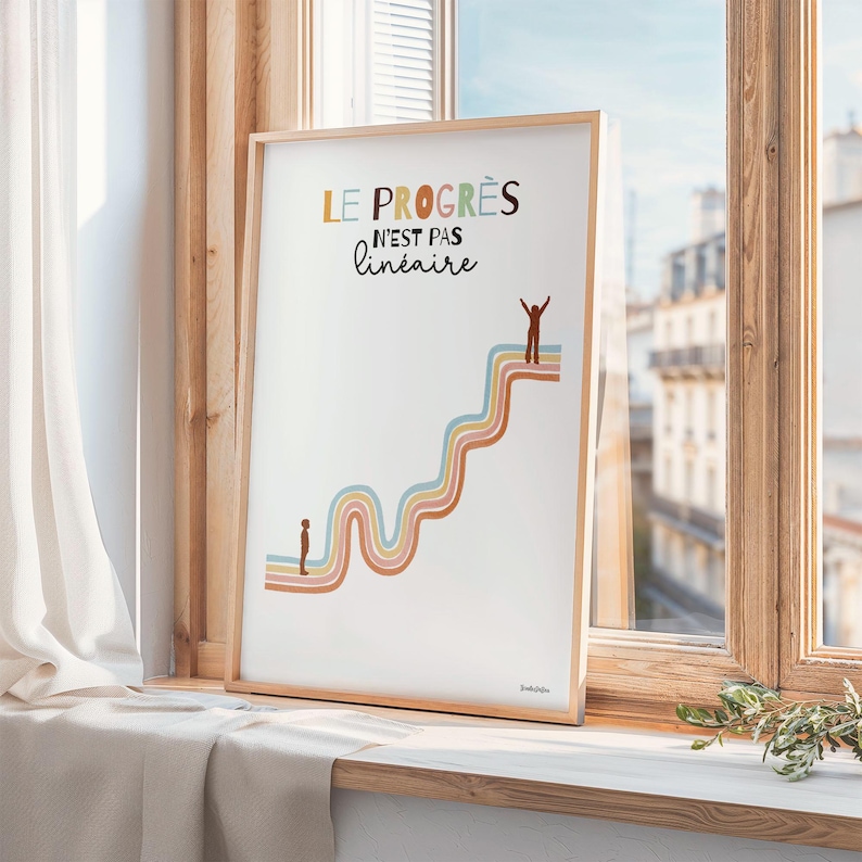 Illustration douce et colorée. Titre : "Le progrès n’est pas linéaire". Une courbe ondulée pastel. En bas, un petit garçon commence son chemin. En haut, un autre atteint un sommet. Le parcours est sinueux, mais porteur d’espoir. L'affiche est dans un cadre en bois, vue de biais, posée sur un rebord de fenêtre. Derrière la fenêtre, on voit de jolis immeubles. Sur le rebord, il y a une petite branche d'olivier et des rideaux gris entourent le cadre d'un côté.