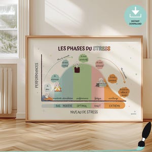 Curva dello stress, poster educativo in francese, arredamento terapeutico per consulenti scolastici, poster per psicologi, aula, kinesiologo