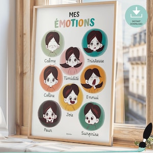 Ilustración de emociones infantiles en francés para imprimir - Póster de sentimientos - Decoración para aulas de primaria - Arte mural para consultorios de terapia
