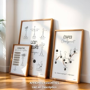 Affiche encadrée en bois, posée au sol, entourée d’autres affiches similaires. Ensemble harmonieux et assorti, montrant la cohérence des styles de dessins et des sujets abordés.