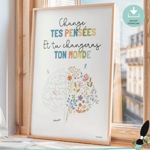 Logopeda Motywacyjny Kwiatowy Mózg Plakat - Prezent dla Terapeuty Zajęciowego, Sztuka Ścienna Psychologa, Dekoracja Gabinetu Terapeutycznego w Języku Francuskim