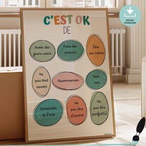 Peut inclure: Une affiche encadrée avec le texte "C'EST OK DE" en lettres colorées. En dessous, diverses phrases sont écrites à l'intérieur de formes ovales, dont "Avoir des jours sans" et "Demander de l'aide". Une icône de téléchargement numérique est en haut à droite.