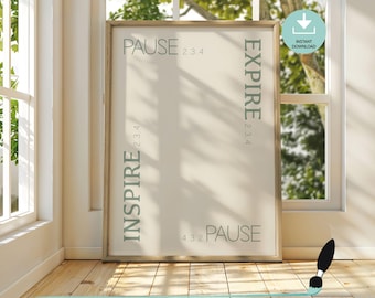 May include: A framed print with a beige background and green text. The text reads "PAUSE 2 3 4 EXPIRE 2 3 4 INSPIRE 2 3 4 PAUSE 4 3 2".