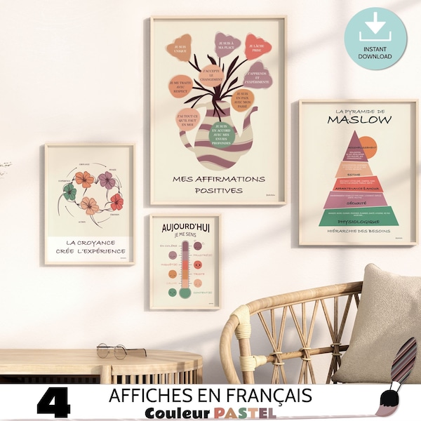 4 Affiches de santé mentale en français, Art mural unique imprimable, Décor bureau thérapie pour psychologue, Cadeau de sophrologue