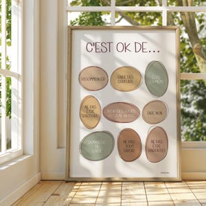 Infographie composée d’ovales irréguliers de couleur ensoleillées (orangé, rosé, vert sauge, jaune) avec une liste de messages de ce qu’il est OK de faire L’affiche est dans un grand cadre en bois, posé au sol dans une pièce ensoleillée ressemblant à un patio. Le cadre est appuyé contre une fenêtre à carreaux, avec des arbres visibles à travers.