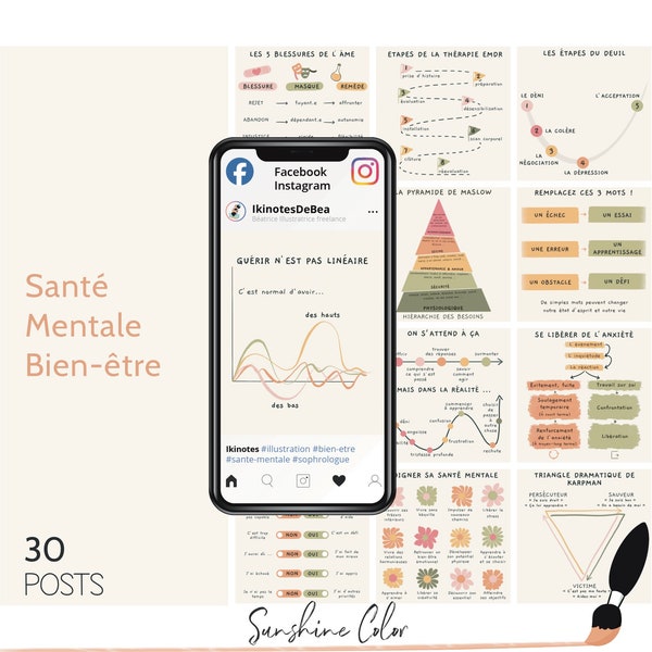 French mental health Instagram post ready to use, Health and wellness publication for social media, Therapist, Coach, Psychologist