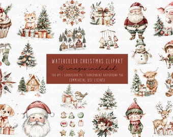 Watercolor Christmas Clipart, Watercolor Christmas PNG, Rustic Christmas Clipart, Rustic Christmas PNG, Commercial Use Christmas Clipart