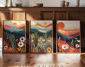 Boho Mountain Printable Art, Boho Desert Printable Art, Set of 3 Boho Daisy Mountain Sunset Landscape Art Print, Earth Tones Floral Art