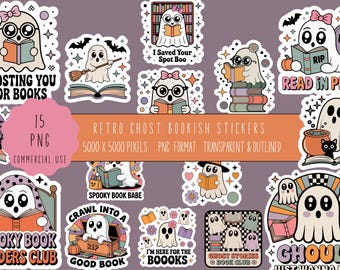 Retro Ghost Reading Stickers, Retro Ghost Bookish Stickers, Halloween Bookish Stickers, Ghost Bookish Stickers, Reading Halloween Stickers