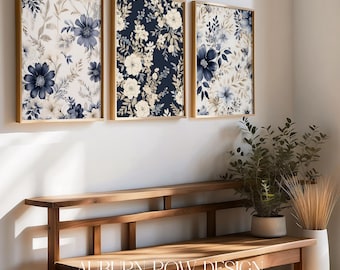 Navy Blue Floral Art Set, Navy Blue Triptych Printable Art, Navy Blue Printable Art, Floral Art, Grandmillenial Art, Grandmillenial Decor
