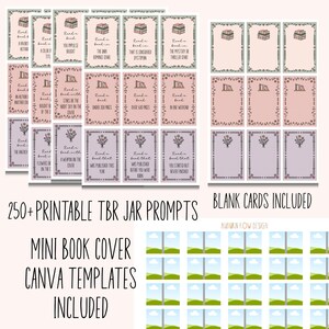 Könnte beinhalten: Eine Sammlung druckbarer TBR-Glas-Prompts und Mini-Buchcover-Canva-Vorlagen. Die Karten zeigen Blumen- und Buchillustrationen mit Sätzen wie "Lies ein Buch im dystopischen Genre" und "Lies ein Buch, das dieses Jahr veröffentlicht wurde."