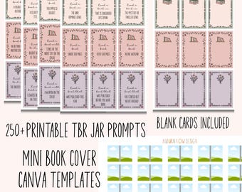 May include: A collection of printable TBR jar prompts and mini book cover Canva templates. The cards feature floral and book illustrations with phrases like "Read a book in the dystopian genre" and "Read a book that was published this year."