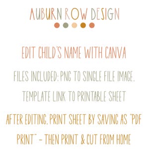 May include: White background with text in various colors. The text reads "AUBURN ROW DESIGN", "EDIT CHILD'S NAME WITH CANVA", "FILES INCLUDED: PNG TO SINGLE FILE IMAGE.", "TEMPLATE LINK TO PRINTABLE SHEET", and "AFTER EDITING, PRINT SHEET BY SAVING AS 'PDF PRINT' - THEN PRINT & CUT FROM HOME".