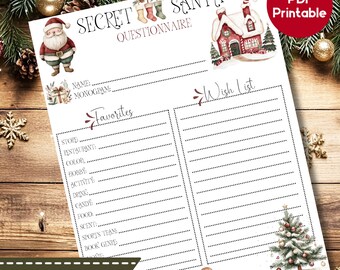 Secret Santa Gift Questionnaire, Secret Santa Gift Exchange Form, Secret Santa Form, Secret Santa Survey, Secret Santa Template