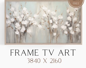 Katoenen stengels frame tv-kunst, groen witte frame tv-kunst, bloemen frame tv-kunst, groene bloemen frame tv-kunst, Samsung frame tv-kunst, frame tv-kunst