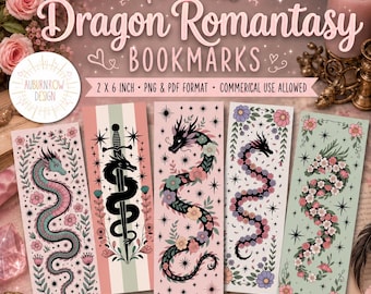 Druckbare Drachen-Lesezeichen, druckbare Romantik-Lesezeichen, Romantasy-Lesezeichen PNG, Drachen-Lesezeichen PNG, Lesezeichen für kommerzielle Nutzung