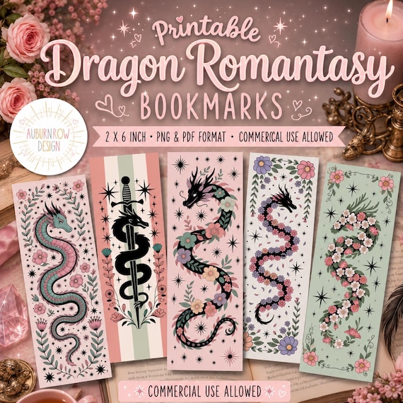 Printable Dragon Bookmarks, Printable Romantasy Bookmarks, Romantasy Bookmark PNG, Dragon Bookmark PNG, Commercial Use Bookmarks
