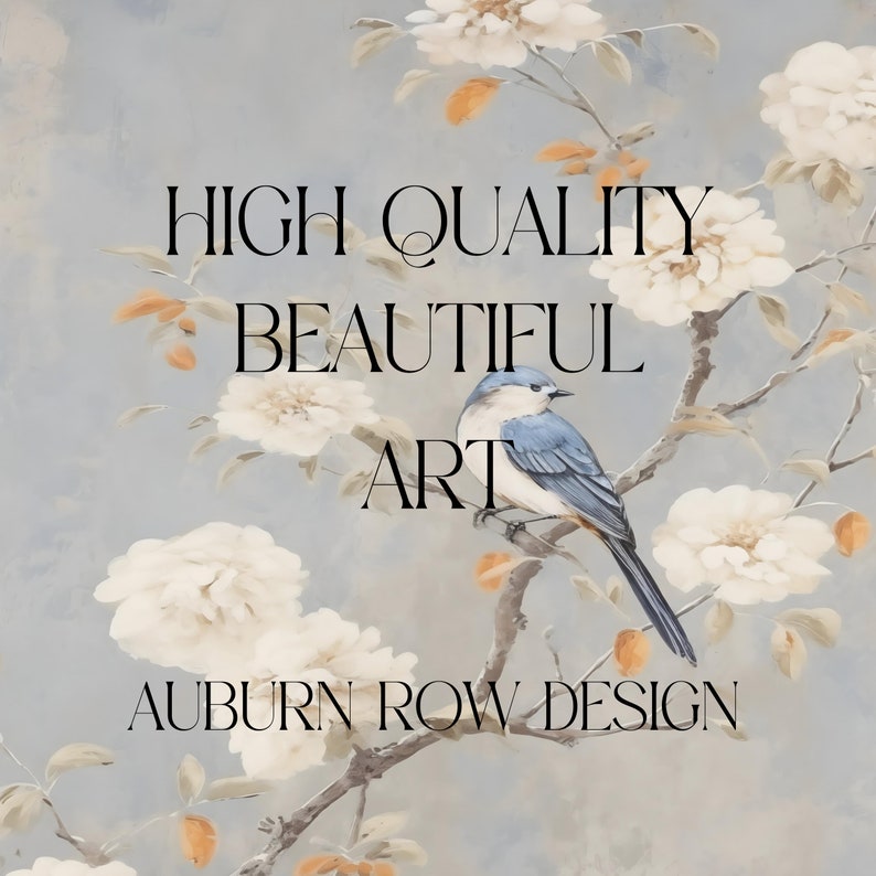 Puede incluir: Un p&aacute;jaro azul posado en una rama de un &aacute;rbol floreciente con flores blancas. El texto "HIGH QUALITY BEAUTIFUL ART AUBURN ROW DESIGN" se muestra debajo del p&aacute;jaro.