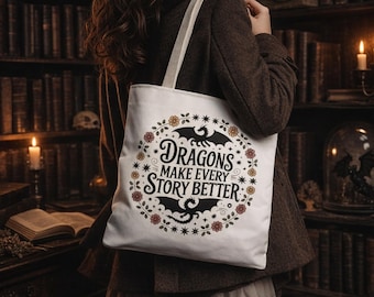 Dragon Book Bag, Dragon Tote Bag, Romantasy Tote Bag, Romantasy Book Bag, Romantasy Library Bag, Dragon Library Bag