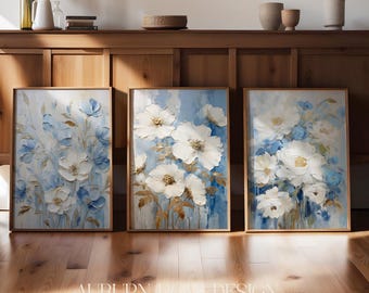 Blue Floral Art Set, Blue Floral Triptych Printable Art, Blue Floral Printable Art, Floral Art, Grandmillenial Art, Grandmillenial Decor