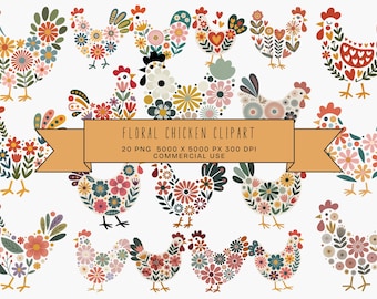 Floral Chicken Clipart, Floral Chicken PNG, Chicken Clipart, Chicken PNG, Floral Rooster Clipart, Floral Rooster PNG, Farm Hen Sublimation