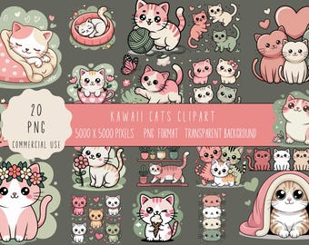 Kawaii Cats Clipart, Kawaii Cats PNG, Kawaii Cats Sublimation PNG, Cat Lover PNG, Cat Lover Clipart, Cat Clipart, Cat Png, Cat Digital Art