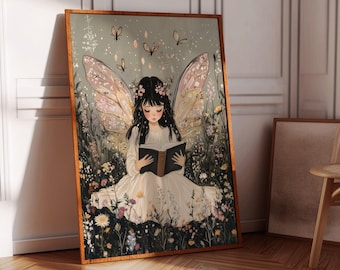 Fairy Reading Printable Art, Bookish Printable Art, Folk Art Printable, Cottagecore Art Print, Vintage Folk Art Print, Whimsical Fantasy Art