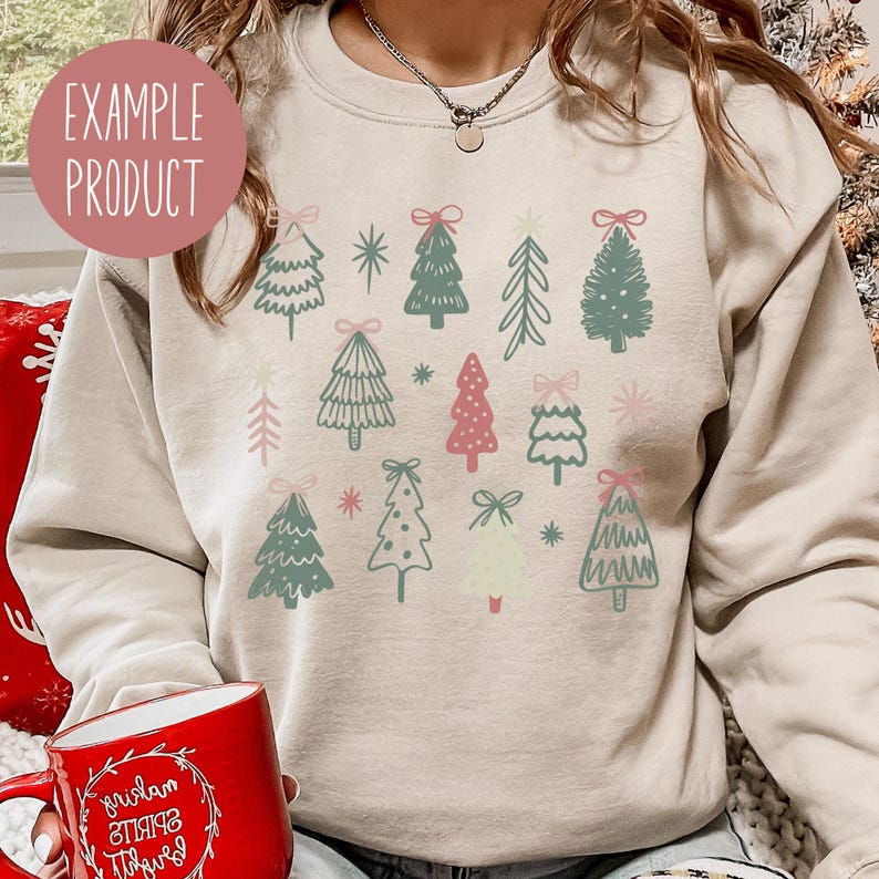 Women's Festive Christmas Trees Sweatshirt, Cozy Holiday Graphic Pullover, Winter Casual Apparel