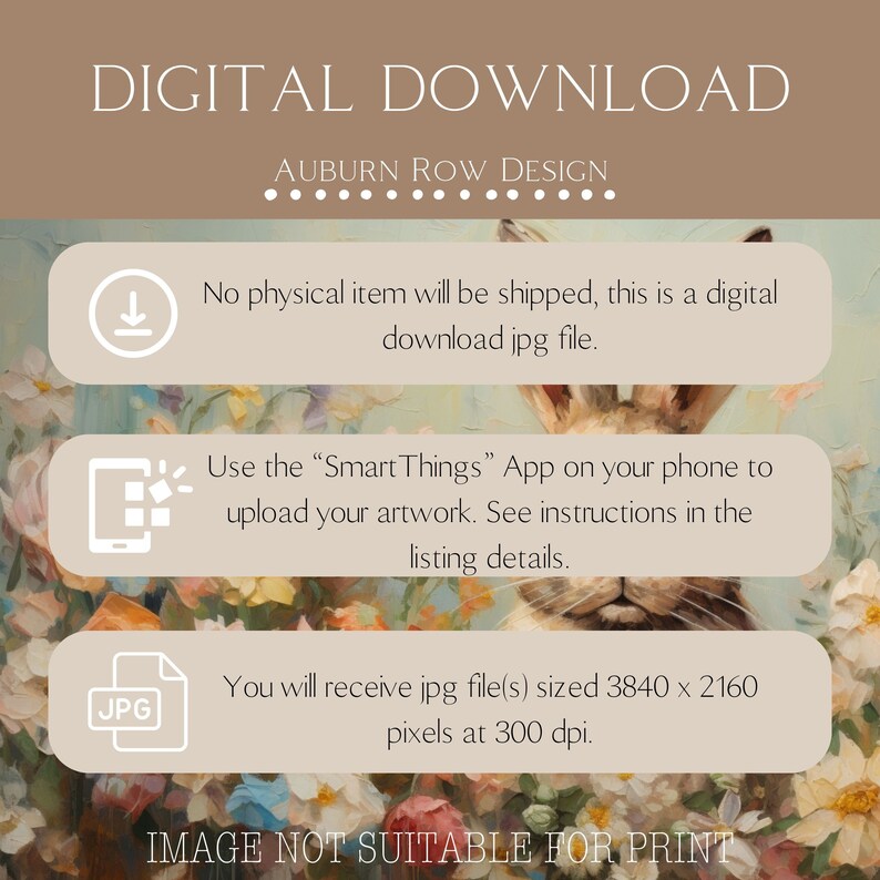 Pu&ograve; includere: Download digitale di un dipinto di un coniglio bianco circondato da fiori. L'immagine &egrave; di 3840 x 2160 pixel a 300 dpi. Il testo "DIGITAL DOWNLOAD" e "AUBURN ROW DESIGN" &egrave; nella parte superiore dell'immagine. Il testo "IMAGE NOT SUITABLE FOR PRINT" &egrave; nella parte inferiore dell'immagine.