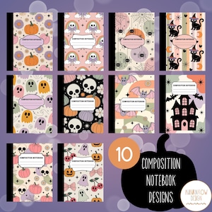 Puede incluir: Diez cuadernos de composición con diseños de Halloween. Las portadas presentan calabazas, fantasmas, murciélagos, arañas, calaveras y gatos negros. Cada cuaderno tiene una etiqueta blanca que dice "COMPOSITION NOTEBOOK". La imagen incluye un gráfico de calabaza con el texto "COMPOSITION NOTEBOOK DESIGNS".