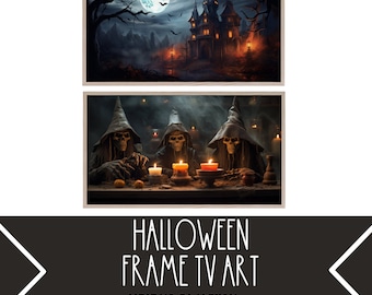 May include: Two framed Halloween-themed images. The top image shows a spooky castle with a full moon in the background. The bottom image shows three skeletons wearing hooded robes and sitting around a table with candles.