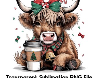 Christmas Highland Cow Clipart, Christmas Highland Cow PNG, Christmas Highland Cow Sublimation File, Christmas Cow Clipart
