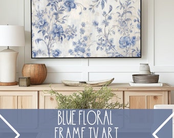 Blaues Blumenbild TV Art, Blaues Cottage TV-Kunst, Blauer Blumenrahmen TV-Kunst, Grandmillenial Rahmen Tv Art, Blaues Cottagecore Tv Art, Europäische TV-Kunst