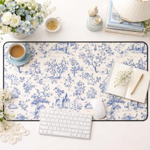 Blue Toile de Jouy Desk Mat, Cottagecore Mouse Pad, French Country Desk Pad, Botanical Desk Mat, Vintage Floral Office Decor, Large Desk Mat