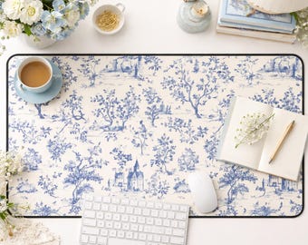 Blue Toile de Jouy Desk Mat, Cottagecore Mouse Pad, French Country Desk Pad, Botanical Desk Mat, Vintage Floral Office Decor, Large Desk Mat