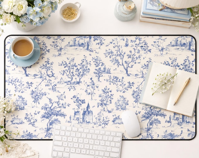 Blue Toile de Jouy Desk Mat, Cottagecore Mouse Pad, French Country Desk Pad, Botanical Desk Mat, Vintage Floral Office Decor, Large Desk Mat