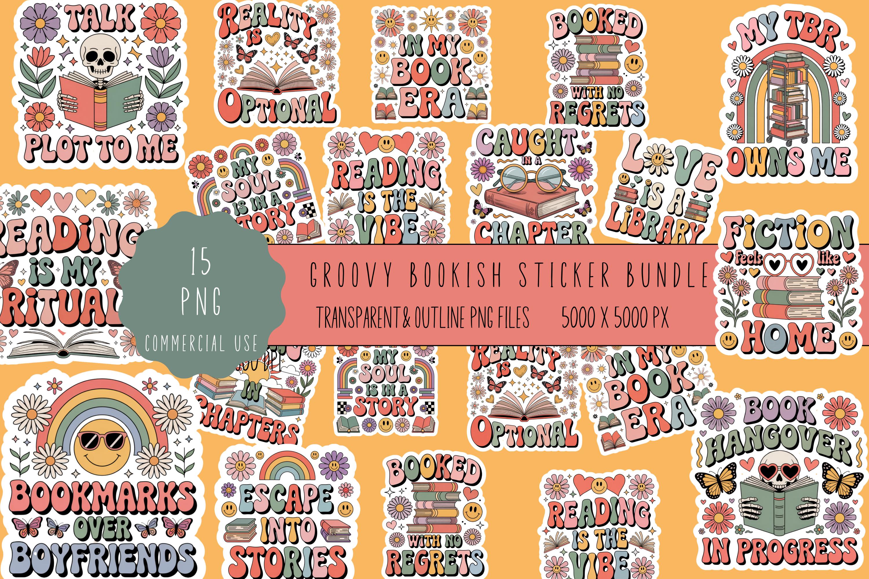 Groovy Bookish Stickers, Retro Bookish Stickers, Groovy Reading Stickers, Retro Reading Stickers, Bookish Stickers, Reading Stickers