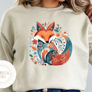 Folk Art Sweatshirt, Scandinavian Sweatshirt, Boho Fox Sweatshirt, Fox Sweatshirt, Fox Lover Gift, Forestcore Sweatshirt, Forestcore Gifts