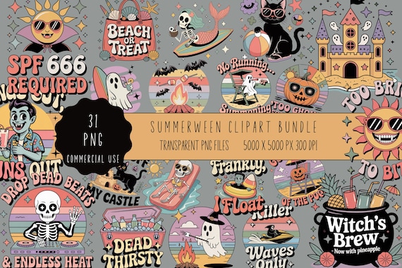 Summerween Clipart, Summerween PNG, Summerween Clipart Bundle, Halloween Beach Clipart, Skeleton Summer Clipart, Ghost Beach Clipart