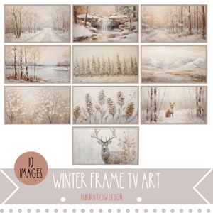 May include: A set of ten framed winter landscape paintings. The artwork depicts snowy scenes of forests, waterfalls, and a deer. The colour palette is mainly neutral with soft whites, greys, and browns, creating a serene and wintry atmosphere.