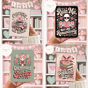 May include: Four tablet cases with book-themed designs. One case has the text "Chapters Steal My Heart" with a stack of books and roses. Another says "Ruin Me, But Like... Romantically" with a skull reading a book. The third says "Enchanted by Stories" with a mushroom. The last says "In my Bookish Era".