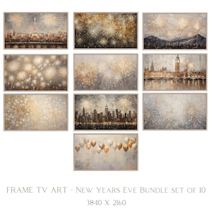 May include: A set of 10 digital art prints featuring fireworks over cityscapes. The prints are in a muted color palette of gold, brown, and gray. The prints are perfect for adding a touch of elegance to any room.