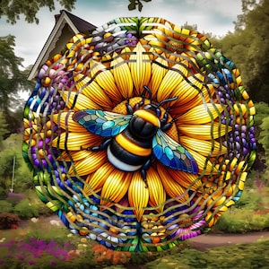 May include: A vibrant, circular artwork featuring a large bumblebee on a yellow sunflower. The bee has black and yellow stripes with blue and yellow wings. The sunflower is surrounded by a mosaic of colorful flowers and foliage, with a house in the background.
