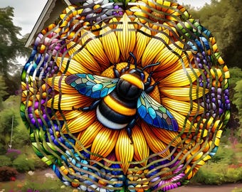 Stained Glass Bee Wind Spinner PNG, Stained Glass Bee Wind Spinner Design, Bumblebee Wind Spinner PNG, Bumblebee Wind Spinner Design