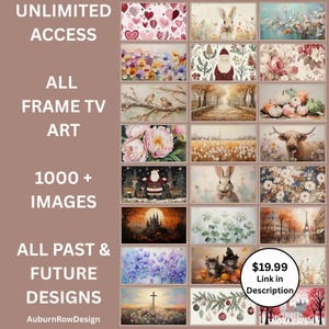 Pu&ograve; includere: Un collage di immagini con vari design per l'arte televisiva incorniciata. Il testo "UNLIMITED ACCESS", "ALL FRAME TV ART", "1000+ IMAGES", "ALL PAST & FUTURE DESIGNS" e "AuburnRowDesign" &egrave; visibile. Il prezzo di 19,99 &euro; &egrave; anche visibile con il testo "Link in descrizione".