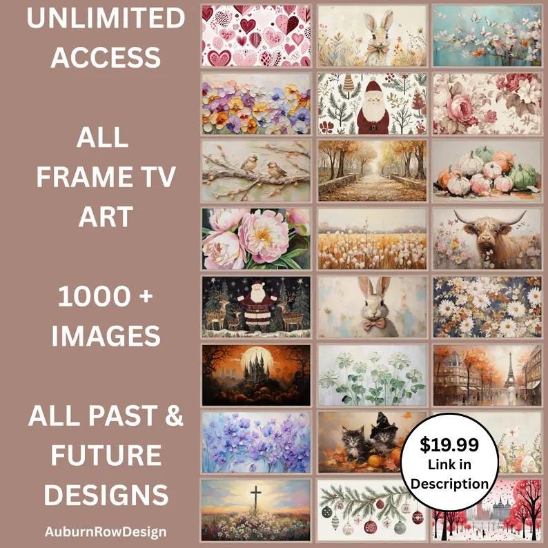 Pu&ograve; includere: Un collage di immagini con vari design per l'arte televisiva incorniciata. Il testo "UNLIMITED ACCESS", "ALL FRAME TV ART", "1000+ IMAGES", "ALL PAST & FUTURE DESIGNS" e "AuburnRowDesign" &egrave; visibile. Il prezzo di 19,99 &euro; &egrave; anche visibile con il testo "Link in descrizione".